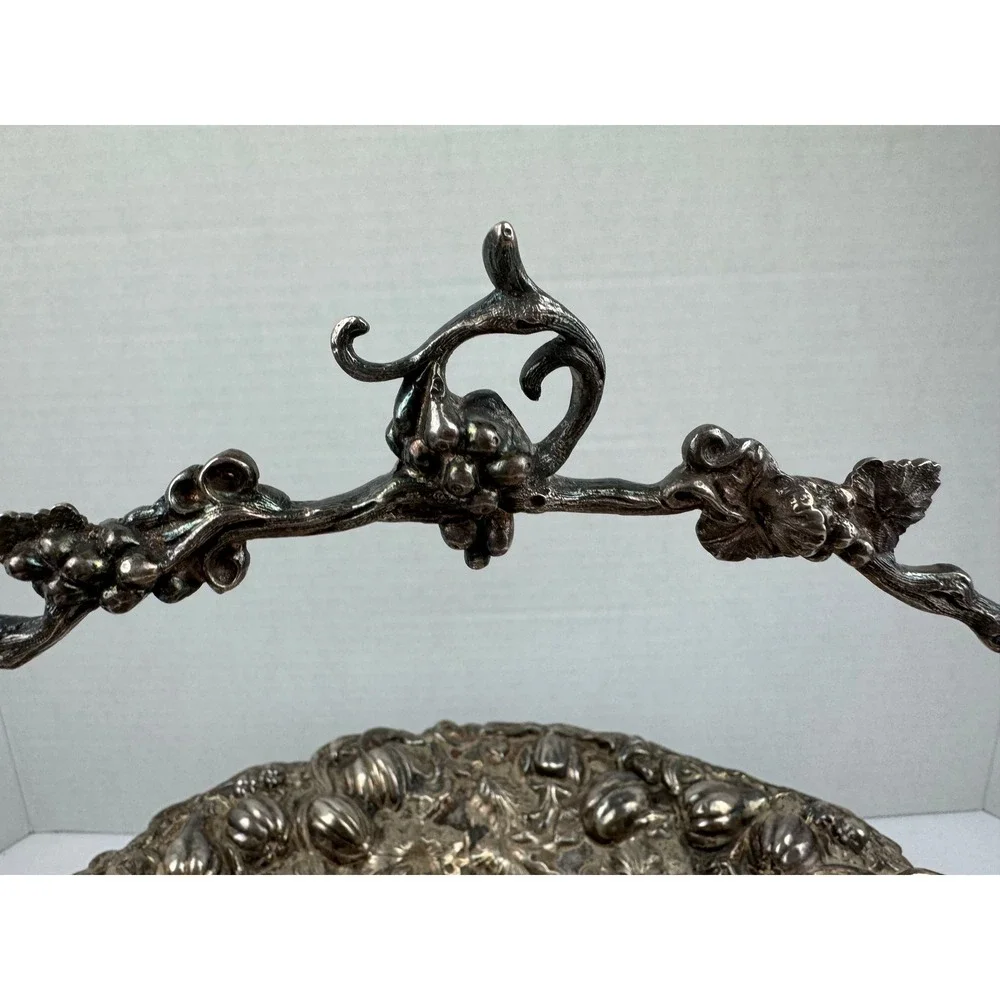 Vintage Silver Plate Tone Footed Bride Basket Repousse Grapes Gourd